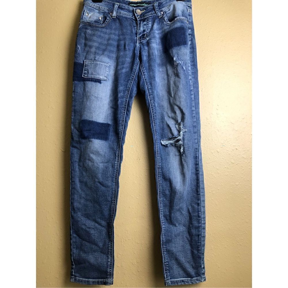 Almost Famous Juniors Mid-Rise Patchwork Distressed Jeans Size 7